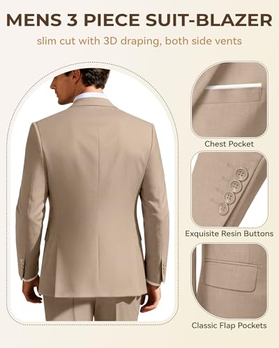 Image of Men's 3 Piece Slim Fit Suit Set, Two Button Blazer Solid Jacket Vest Pants Wedding Business Suit