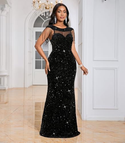 Image of Cololura Women Sexy Sequin Mesh Perspective Bodycon Party Cocktail Evening Gown Maxi Dress
