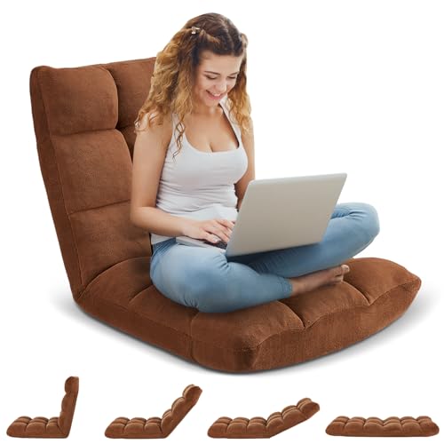 Image of Folding Floor Gaming Chair 14-Poistion Cushioned Adjustable Floor Lazy Sofa Chair w /Breathable Cotton & Skin-Friendly Flannel for Adults & Kids Perfect for Reading Gaming Meditating, Brown