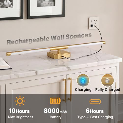 Image of Ollny Rechargeable Battery Operated Wall Sconces Set of Two with Remote Control, Dimmable & 3 Color Temperatures Wall Scones, 350 Rotatable Wireless Wall Lamps for Bedroom, Living Room, 28.7in