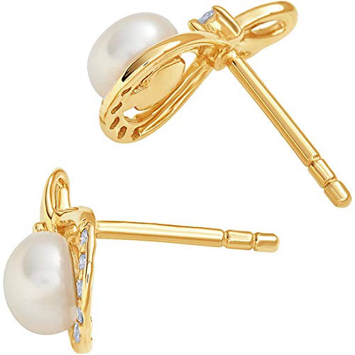 Peora Freshwater Cultured White Pearl Stud Earrings In 14K Yellow Gold, Round Button Shape, 5Mm Infinity Swirl Solitaire, Friction Backs #TOP2