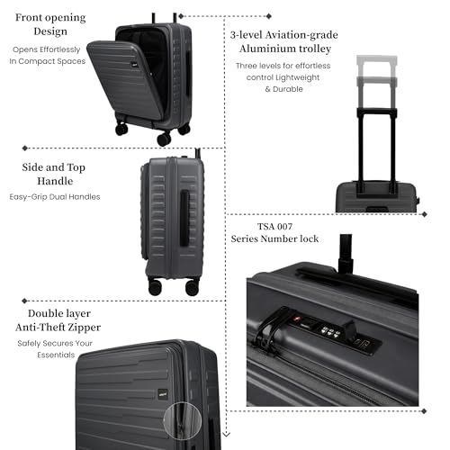 Image of F Gear Sedona Small Cabin Pro 54cm German Polycarbonate Hard Luggage|8 Japanese Hinomoto Silent Wheels| USB & Type-C Charging, Phone Stand & Cup Holder | Front Opening Suitcase for travel (Steel Grey)
