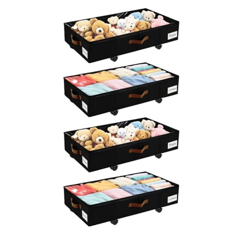 Image of Under Bed Storage with Wheels,Underbed Storage with Sturdy Sidewalls /Bottom, Clear Cover, Label and PU Handle, Rolling Under Bed Drawers for Clothes, Shoes, 6.5 Inch Height,Black, 4 Pack