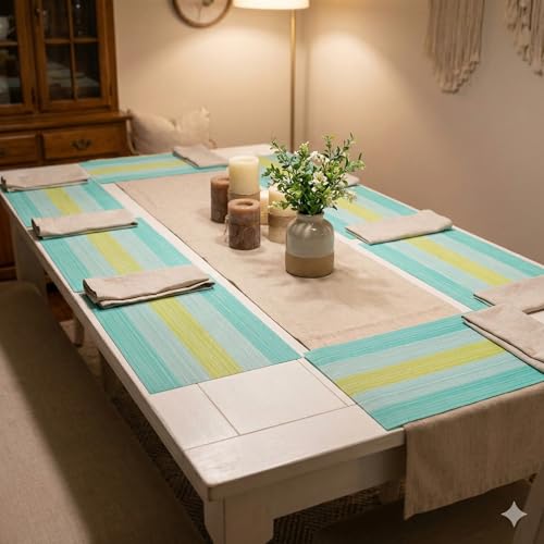 Image of YELONA Placemats Set of 8, Heat-Resistant Woven Vinyl Table Mats, Non-Slip & Washable Dining Tablemats for Kitchen & Dinner Decor, Light Blue (45cm x 30cm)