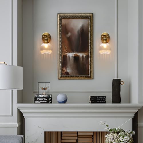 Image of PERMO Antique Wall Sconces with Clear Ribbed Globe Glass Shade Vintage Gold Sconce Indoor Wall Mount Light Fixture for Loft Kitchen Living Room