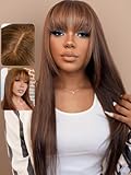 UNICE Yaki Straight Human Hair Wigs with Bangs Brown Layered Cut Transparent Lace Glueless Wigs Human Hair Ready to Wear Wig 4# Brown Color 150% Density 18 inch