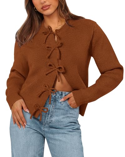 BTFBM Bow Cardigan Sweaters for Women Trendy 2025 Fall Winter Open Front Long Sleeve Button Down Cropped Lady Jacket