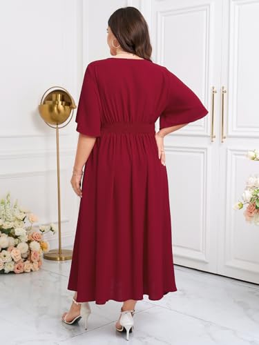 Image of SCOMCHIC Womens Plus Size Summer Maxi Dress Short Sleeve V-Neck Lace Boho A-Line Slit Flowy Wedding Guest Cocktail Dresses