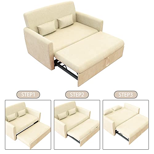 55" Convertible Sleeper Sofa Bed, Velvet Loveseat Sofa With Pull-Out Bed, Modern 2 Seater Couch Bed With Adjustable Backrest, Pull Out Lounge Chaise With 2 Pillows For Home Living Room Office (Beige) #TOP5