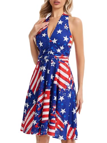 Image of Women's Festival Dress- Halter V Neck Sleeveless Ruffle Mini Dresses with Pocket