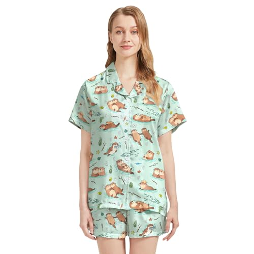 Image of Funny Pajamas for Women Set Print Satin Loungewear Pjs Short Sleeve Button Down Top and Shorts Sets Sleepwear XS-3XL
