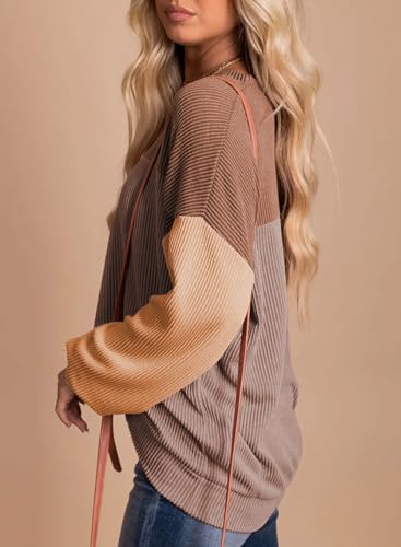 Image of Dokotoo Womens Tops Fashion 2026 Color Block Long Sleeve Shirts for Women Crewneck Knitted Casual Loose Blouses