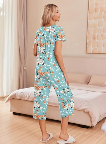 Image of Ekouaer Women's Pajama Sets Short Sleeve Sleepwear Button Up Pj Loungewear Top and Capri Pants with Pockets