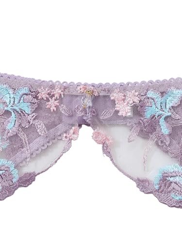 Image of Lilosy Sexy Leaf Floral Embroidered Mesh Sheer Belt Women Underwire Push Up Lingerie Set See Through Bra Panty 3 Piece Bloom Lilac Purple Large