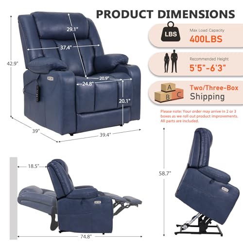 Image of EONIX Dual Motor Power Lift Recliner Chair for Elderly, 400lb, Navy Blue