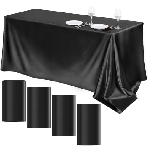 Image of TURSTIN 4 Packs Black Satin Tablecloth 102 x 58 Inch Overlay Satin Table Cover Rectangle Bright Silk Tablecloth Smooth Fabric Table Decoration for Wedding Banquet Party Events