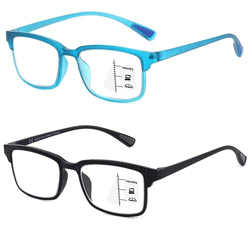 Image of CARA 2 Pack Progressive Multifocus Reading Glasses for Men, Women Premium TR90 Frame Blue Light Blocking Computer Readers, 3ft Range Workspace (Top is not 0), 2.5 Black+Light blue