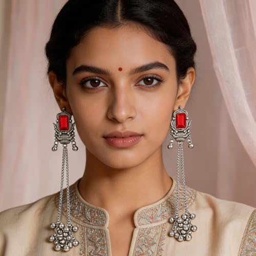 Image of I Jewels Traditional Silver Oxidised Kashmiri Long Dangler Earrings with Ghungroo for Women & Girls Gift
