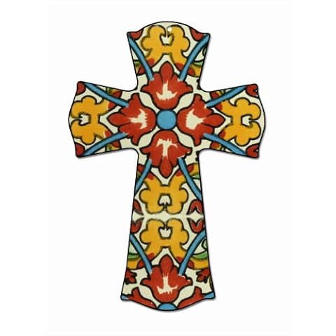 CALUOHO Crucifix Wall Cross Hand Painted Floral Wooden Cross Room Decor,Mexican Crucifix Home Bar Cafe Kitchen Bathroom Front Door Living Room Wall Decor Christian Gift 5x7 Inch Cover