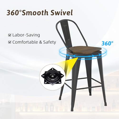 Butacos giratorios de bar de 24 pulgadas, juego de 4 unidades, con estructura metálica resistente y respaldo alto para cocina, cafés y restaurantes, color negro miniatura 4
