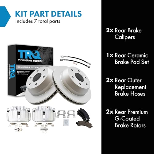 Image of TRQ Rear Brake Pad and Rotor Set Ceramic G Coated Rotors Calipers Compatible with 2002 Chevrolet Avalanche 1500 Suburban 1500 Tahoe GMC Yukon Yukon XL 1500