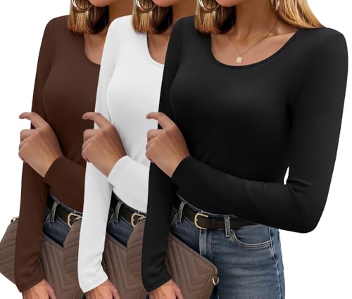 Ekouaer Long Sleeve Shirts for Women 3 Pack Scoop Neck Fitted Top...