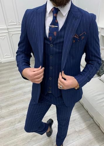 Men's Stripe Suit 3Pcs Peak Lapel Single Breasted Button Jacket Vest Pants for Business/Casual/Daily4