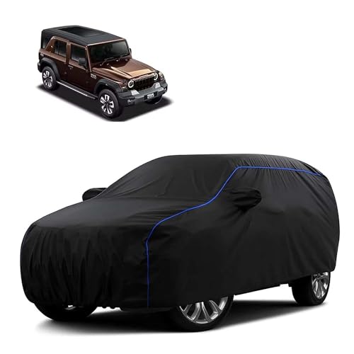 Image of Sulfar 100% Water Resistant Car Body Cover Compatible with Mirror for Mahindra Thar Roxx (Triple Stitched, Full Bottom Elastic, Black Tafetta with Blue Piping)