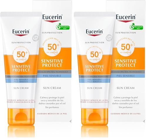 Eucerin Sun Face Sensitive Protect Cream FPS 50+ (50 ml), crema facial solar con filtros UVA/UVB, protector solar para pieles atópicas, secas y sensibles, crema de sol de textura ligera (Paquete de 2)