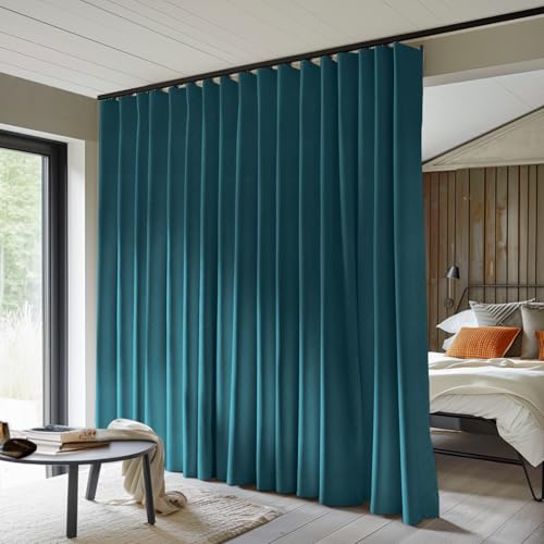 Image of MaKefeile Room Divider Curtains Total Blackout Privacy Curtain Panel Room Thermal Insulated Noise Reduction Curtain for Bedroom Window Living Room Ceiling Track Curtain W 8.3ft x H 8ft Azure Blue