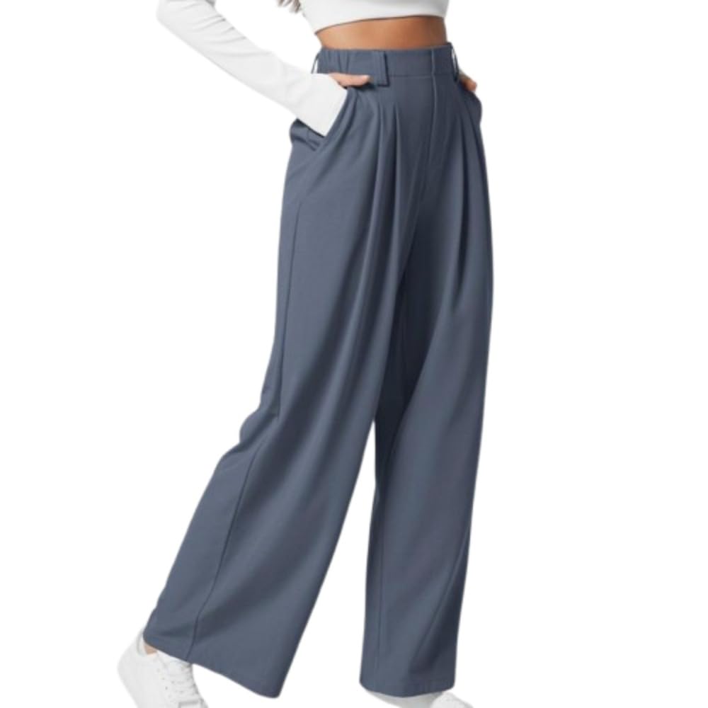 Flex High Waisted Plicated Side Pocket Wide Leg Waffle Work Pants Comfortable