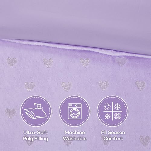 Image of Intelligent Design Queen Comforter Set, 4 Piece Metallic Hearts Cozy Bedroom Set for Girls, Queen Bed Set Soft & Plush Comforter, All Season Fluffy Bedding Set, Rosalie, Full /Queen, Purple Silver