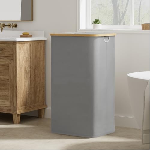 Chrislley 70 L Slim Laundry Basket with Lid, Foldable Laundry Hamper with 2 Removable Inner Bags & Bamboo Handles - Image 3