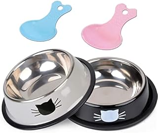 CraftZon 2 Pcs Cat Bowls with 2 Spoons Anti-Skid Cat Bowl with Curved Sides to Prevent Whisker Fatigue Stainless Steel Dog Bowls with Rubber Base for Cats Puppies Small Dogs Rabbits Hamsters