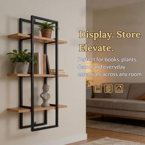 Image of Mighty Home Floating Wall Shelf with Black Metal Frame - Wooden Wall-Mounted Shelves for Books, Plants & Decor | DIY Organizer for Home & Office (Beige, 3-Tier)