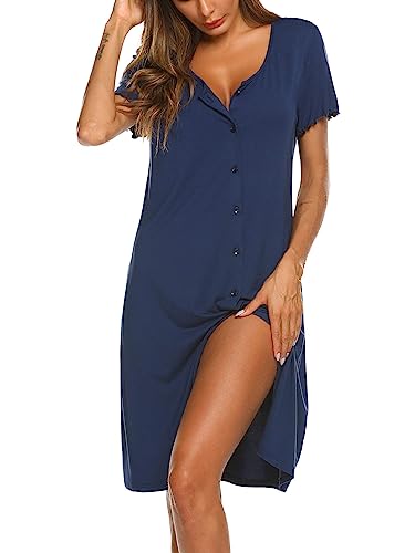 Ekouaer Damska koszulka nocna z krótkim rękawem, Sleepshirt z guzikami, bielizna nocna, rozmiary S-XXL, granatowy, S