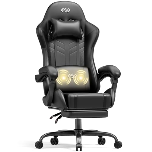 HLONONE Gaming Stuhl mit Massagefunktion, Ergonomischer Gamer Stuhl, Racing Gaming Sessel mit Fußstütze, Kopfstütze und Massage Lendenkissen, Gepolstert PC Stuhl, 150 kg Belastbarkeit, Schwarz
