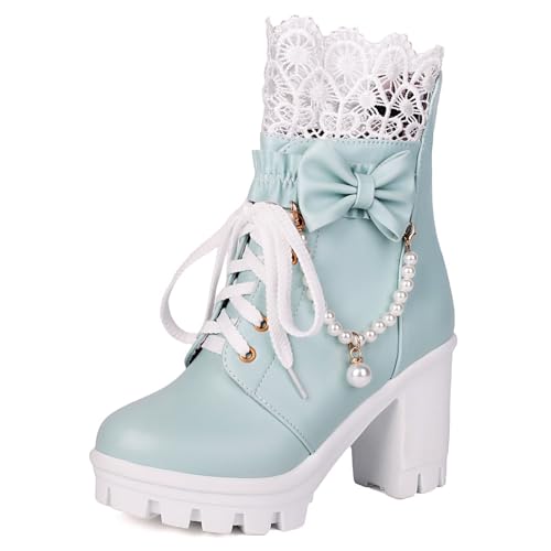 Parisuit Womens Sweet Lace Lolita Platform Boots Goth Chunky High Heel Ankle Boots Lace Up Combat Booties Cosplay Shoes