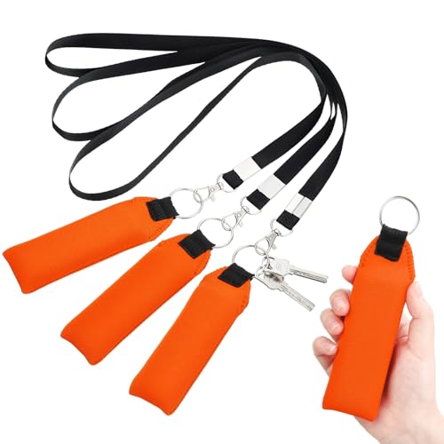 TecUnite 3 Pack Floating Neoprene Boat Keychain with Safety Lanyard Bright Color Foam Key Float for Fishing Water Sports(5.5 Inch Orange)