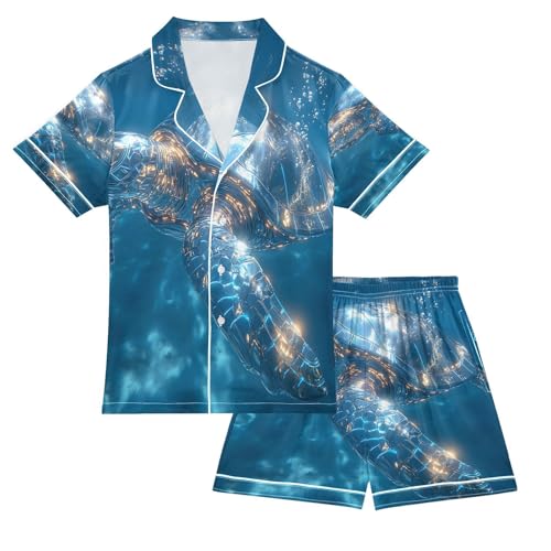 ALAZA Sea Turtle Swimming Blue Satin Pajamas Set Short Sleeve Button Down Sleepwear Summer Pjs 2 Piece