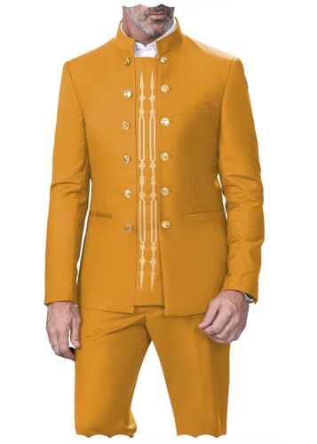 Men 2 Pieces Chinese Mandarin Collar Embroidered Blazer Jacket Pant Set Chinese Hanfu Traditional Uniform