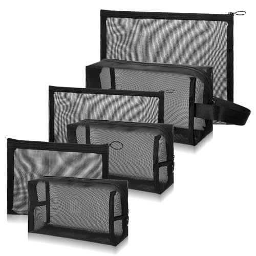 6Pcs Mesh Makeup Bags Mesh Cosmetic Bag Travel Pouches for Toiletries, Portable Mesh Bags with Zipper Cosmetic Makeup Organizer Pouch for Women Home Travel Ofiice Pencil Case (S, L, M, Black)