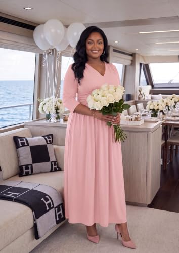 Image of Runwind Plus Size Maxi Dress 3 /4 Sleeve V-Neck Pleated Faux Buttons Pockets | Plus size dress for wedding guest work church, pleated front faux buttons, flowy maxi dress enhances elegance