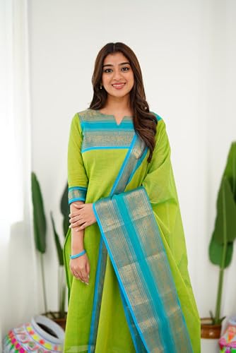 Image of TWINLIGHT Women's Kanchi Cotton Elephant Jaquard Work Kurta and Dupatta Set | V Neck 3 /4 Sleeves Straight Calf Length Kurti with Jaquard Border Work Dupatta | Kurti Set for Women