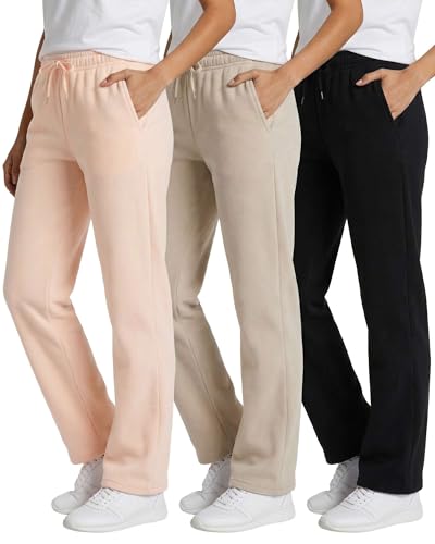 Image of Real Essentials 3 Pack: Women's Relaxed Fit Fleece Open Bottom Sweatpants - Casual Athleisure (Available in Plus)