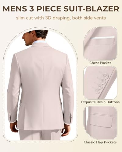 Image of Men's 3 Piece Slim Fit Suit Set, Two Button Blazer Solid Jacket Vest Pants Wedding Business Suit
