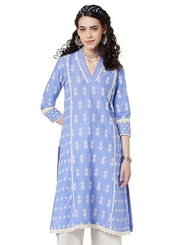 Image of BIBA Women Cotton Regular Fit Straight Embroidered Kurta