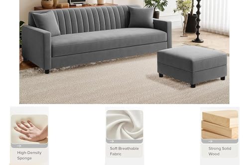 Image of Three Seater Wooden Sofa Set with Ottoman Velvet Fabric Couch, Durable & Space-Saving Design for Living Room, Office & Guest Use (Grey Color)