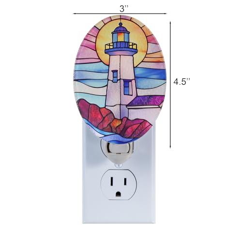 Image of Lighthouse Stained Glass Styled Night Light Plug in - Made with Real Glass, Bulb Included, On /Off Switch - Nautical Beach Theme Bathroom, or Beach House Accent Light Pink Skies