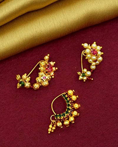 Image of Medium Size Traditional Maharashtrian Banu Nath Nose ring without piercing Pearl Gold Plated Nath Combo Clip On Nose Ring For Women